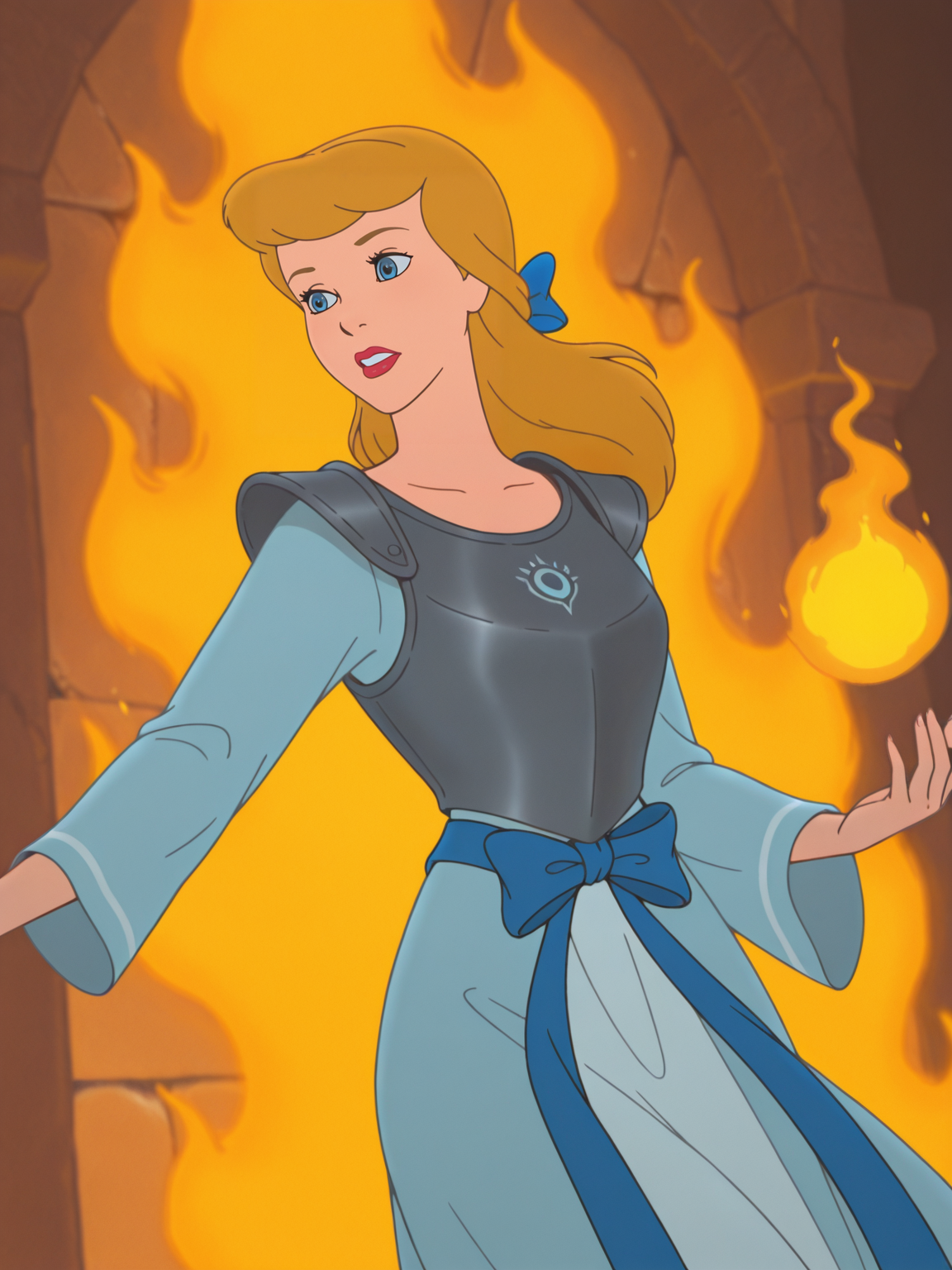 <lora:SinderellaIL:0.7> si_la, 1girl, fair skin, pink lips, blue eyes, golden blonde hair, medium-length hair, bangs,blue bow in hair, ,
magic, magic robe, steel armor,glowing liens, fireball, action, glowing background, magic background