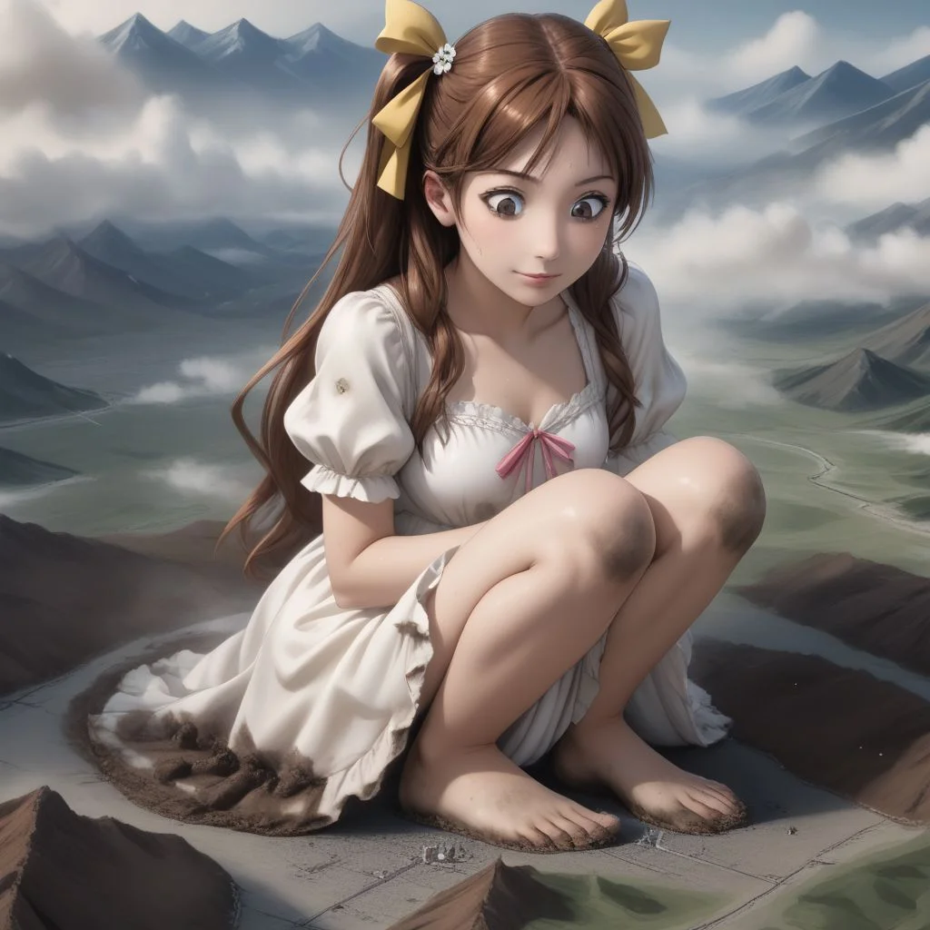 score_9, score_8_up, score_7_up, score_6_up, macro, giga macro, giantess,( 1girl:1.5), solo, solo focus,
(enju aihara, brown eyes, ribbon, hair ribbon, ribbon, long hair, brown hair, hair ornament, dress, lace dress, short sleeves, white dress, elegant dress, flower girl, flower girl dress, bare legs, barefoot, looking down, sweating, adorable girl:1.3), (kneeling, crouching, on her knees, kneeling down:1.4), smiling, squatting,
(cute female, love, flower girl, flower girl dress, white dress:1.5), 1girl, perfect feet, feet, looking down, (sweat, sweaty, very sweaty, steam, steamy:1.4), (bare legs, barefoot:1.3), toes, (crawling, all fours, crawling on a tiny city, crawling on a tiny landscape, looking down:1.4), (dirty feet, sweaty feet, sweaty soles, steamy feet, dirty soles, feet dripping sweat, feet dripping with sweat, feet steaming, steam around feet, very sweaty feet, sweat on soles:1.3), flower girl, very cute girl, (dirty, digging, dirty feet, smoke around feet, smoke from destruction, muddy legs, mud on feet, dirty dress:1.3),
extreme detail, realistic, realism, masterpiece, perfect lighting, bloom, cinematic lighting, highres, (ultra realistic, 32k, masterpiece:1.2), (high detailed skin:1.1), (high quality:1.1), (detailed background, very detailed background:1.2),
(landscape:1.5), stepping on cities, stepping on a tiny city, stepping on a tiny landscape, tiny landscape, tiny cities, cities everywhere, destruction, mass destruction, from space, view from space,