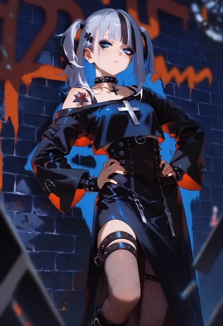 score_9, score_8_up, score_7_up, rating_suggestive, (gawr gura:1.1), sleek [goth|punk] girl, realistic, from below, in the alleyway, standing, (cool fashion pose:1.1), looking away, gothic mascara, (fishnet:1.25), bangs over eyes, bored expression, hand on hip, 
BREAK 
cool stylish woman, half-closed eyes, slight breasts, two side up, white hair, (goth-punk hairstyle:1.1), narrow waist, slim legs, (anorexic), pale skin, (streaked hair:1.1), detailed skin, (covered gothic shoulder tattoos:1.15), combat boots, floral filigree, 
BREAK 
oversized emo (hoodie:1.1), thigh-high stockings, (long skirt, off-shoulder:1.15), (silk clothing), choker, (goth:1.1) (emo:0.85) \(clothing\), (decorative belts:1.1), goth eyeliner, thigh strap, arm belts, oversized sleeves, EyeDetail, [black|red] (lipstick:0.8), 
BREAK 
(amazing quality, intricate detail:1.2), detailed background, glowing graffiti on walls, (red light:1.1), low light, eye lighting, (darkness:1.1), (43stl1ght1ng:1.1), ultra-highres, subtle blush, (depth-of-field), slightly parted lips, cross pendant, 1dk, 
<lora:43stl1ght1ngXLP2:0.65>, <lora:Pony_DetailV2.0:1.55>, <lora:1dkXLP:0.75>, <lora:guraXL:0.25>