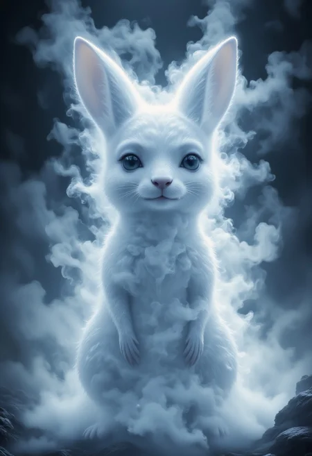 aidmaMJ6.1, aidmaimageupgrader, fog creature, a kangaroo made of fog, An ethereal kangaroo infused with the essence of the air element, standing gracefully amidst a swirling mist. Its fur shimmers with soft silver-blue hues, blending seamlessly with the fog. Wisps of vapor curl around its limbs, giving it a mysterious and magical presence. Large, glistening eyes exude an otherworldly charm, combining an air of majesty with adorable innocence. The kangaroo appears weightless, as if ready to dissolve into the mist at any moment. Subtle glowing patterns resembling wind currents trace along its body, emitting a serene, untamed energy. The scene is shrouded in mystery and soft light, with the fog enhancing its dreamlike atmosphere.