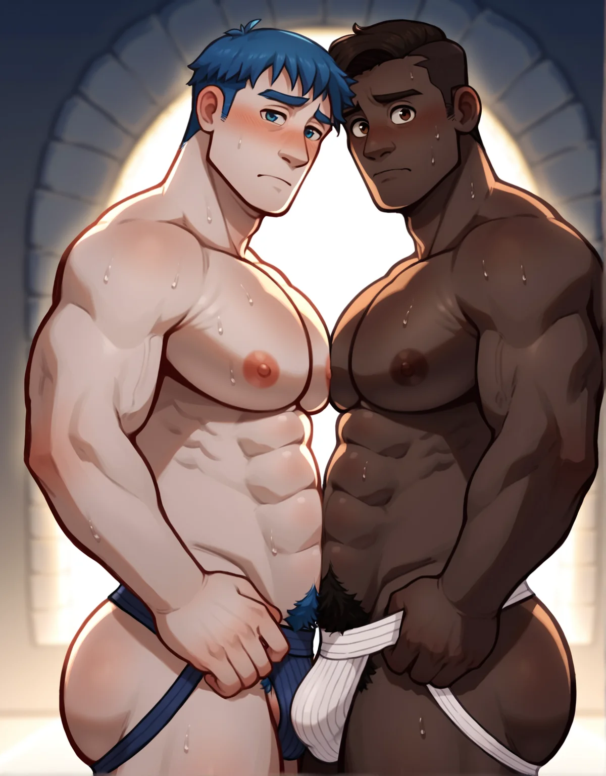 <lora:gooeycandysf01:1> 2boys, side view, pectoral docking, touching pectorals, backlighting, backlit, topless male, embarrassed, large pectorals, looking at you, sweat, big pecs, pubic hair, interracial, jockstrap, score_9, score_8_up, score_7_up, score_6_up, score_5_up