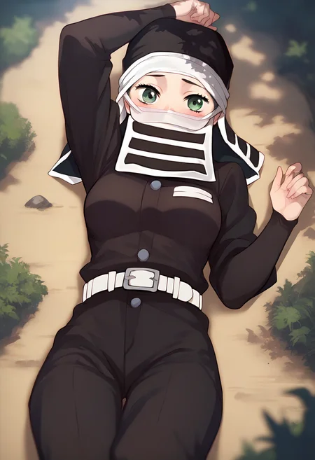 score_9, score_8_up, score_7_up, source_anime, masterpiece, 1girl, ctiankakushi, green eyes, medium breasts, black headwear, mouth mask, black uniform, white belt, black pants, lying, ground, looking at viewer, outdoors, forest, depth of field, sunny, daytime, blush, <lora:Kakushi_Pony_ct:1>