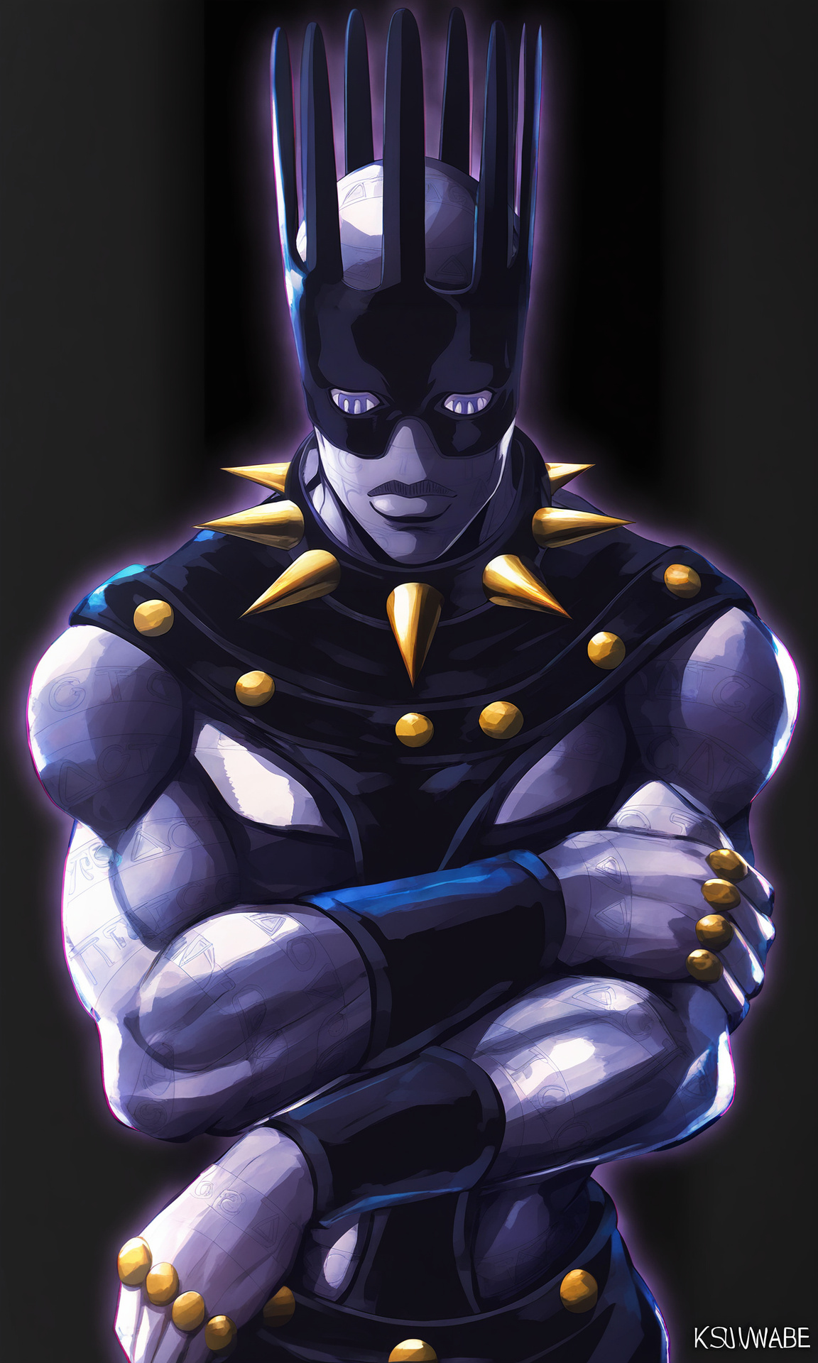 masterpiece, best quality, absurdres,
stand(jojo), artist:ksuwabe,
upper body, crossed arms,
white_snake\(jojo_stone_ocean\), solo,
mask, crown, spiked collar,
tattoo, wristband,
purple skin, glowing outline, purple outline,shiny, reflection,
dark  background,
<lora:JOJO_WhiteSnake_iXL-000019:1>