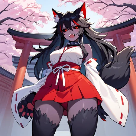 <lora:HellwanAnimePonyLoraXLV2Alpha_4167:1>,score_8_up, score_7_up, Hellwan, 1girl, solo, black skin, colored skin, monster girl, black fur, fangs, curvy, wide hips, long hair, spiked collar, medium breasts, wolf ears, wolf tail, black hair, red eyes, black sclera, animal hands, animal legs, animal paws,standing, miko, shrine, highly detailed background, outdoors,