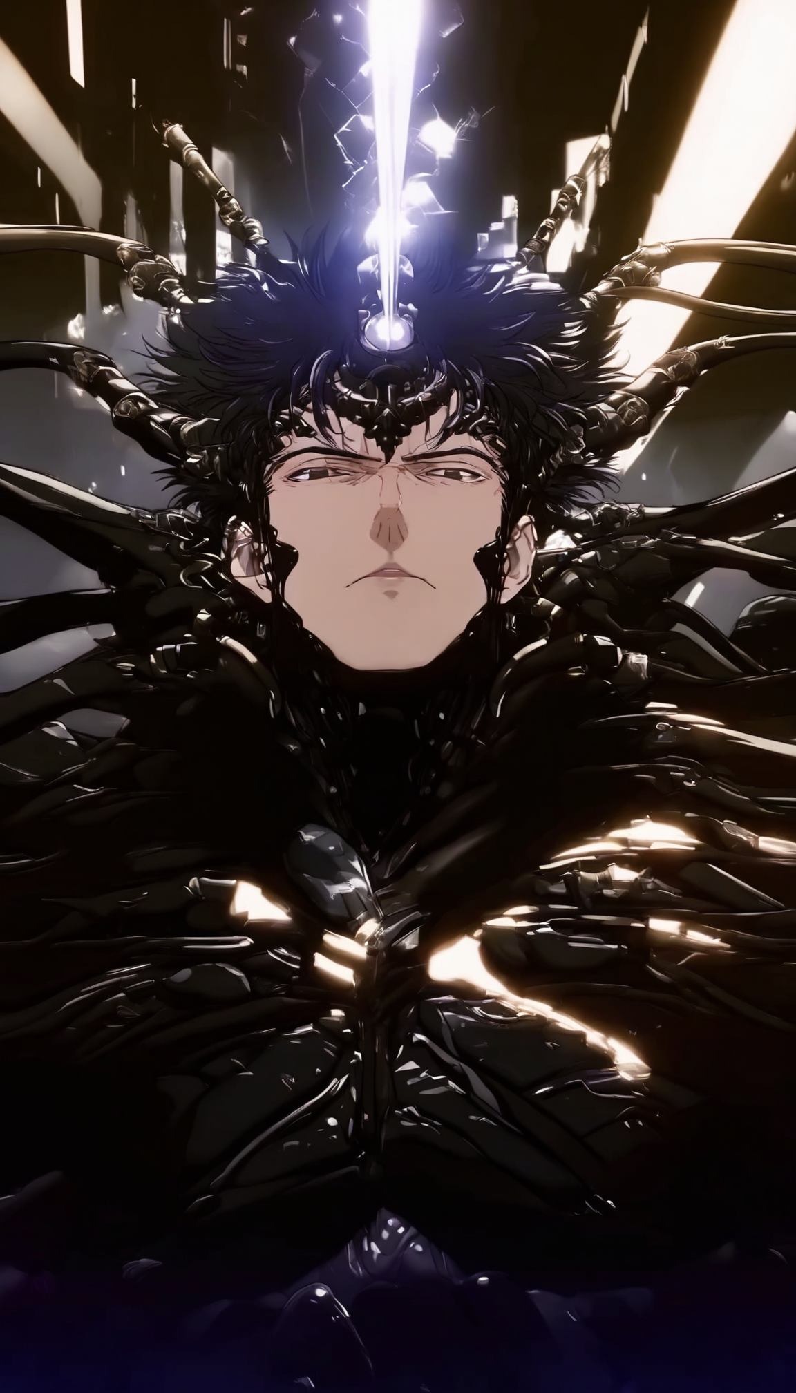 1boy, male focus, black hair, solo, armor, weapon, head beam, science fiction, looking at viewer, black armor, short hair, upper body, closed mouth