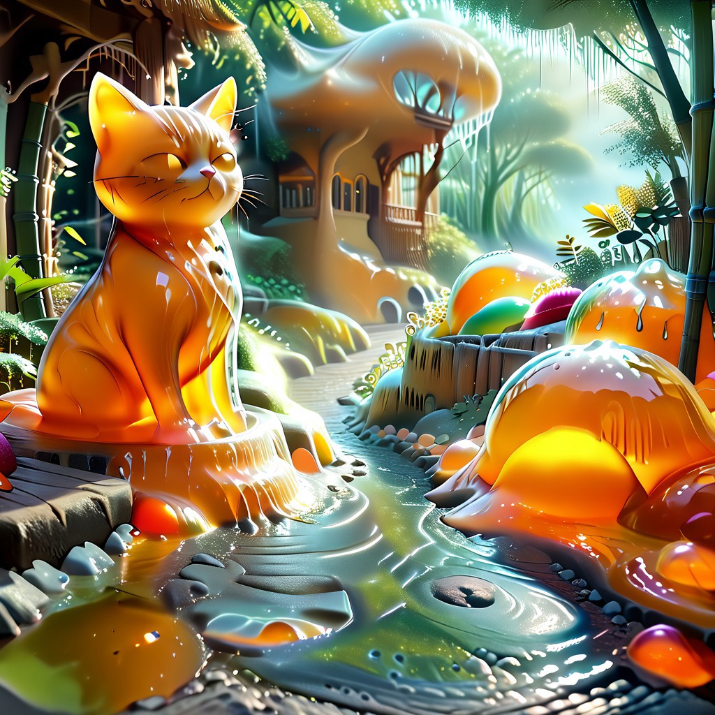 Cat made of slime, cat lounging on a fence, orange tabby slime cat, 
detailed scenery, scenery made out of slime, bamboo made out of slime, green slime bamboo, brown slime wicker fence, brown slime pagoda, red slime brick path, 
BambooforP, background, bamboo forest, path,
everything made of slime, No simple background,
((translucent slime)), ((transparent slime)), (bioluminescent slime), sl1m3, slime, ais-blmn, watce, je11y, thickwater, great lighting, ral-lava, even lighting, no bright spots,
