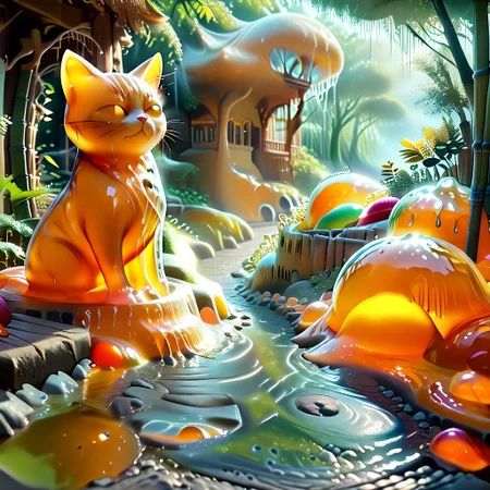 Cat made of slime, cat lounging on a fence, orange tabby slime cat, 
detailed scenery, scenery made out of slime, bamboo made out of slime, green slime bamboo, brown slime wicker fence, brown slime pagoda, red slime brick path, 
BambooforP, background, bamboo forest, path,
everything made of slime, No simple background,
((translucent slime)), ((transparent slime)), (bioluminescent slime), sl1m3, slime, ais-blmn, watce, je11y, thickwater, great lighting, ral-lava, even lighting, no bright spots,