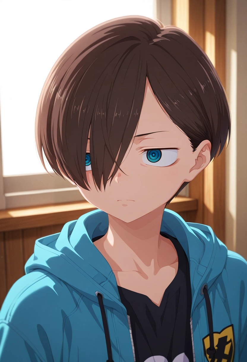 masterpiece, best quality, , (3d:0.4), , 1boy, solo, male focus, <lora:kyoutarou_ichikawa_ilxl:0.96>, kyoutarou_ichikawa, brown hair, blue eyes, short hair, hair over one eye, bangs, ,
