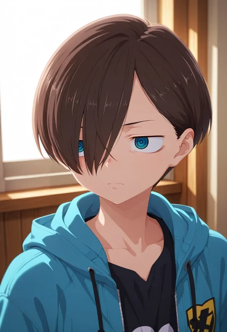 masterpiece, best quality, , (3d:0.4), , 1boy, solo, male focus, <lora:kyoutarou_ichikawa_ilxl:0.96>, kyoutarou_ichikawa, brown hair, blue eyes, short hair, hair over one eye, bangs, ,