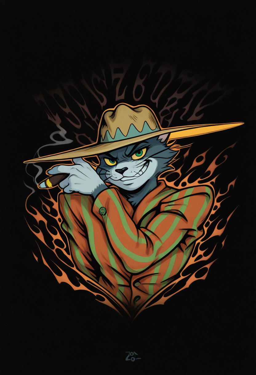masterpiece, best quality, Graphic Design, color art, vibrant colors, colorful, intricate details, high contrast, detailed background, beautiful detailed, beautiful face, detailed eyes, detailed face, new, newest, z00tt0m, 1boy, solo, male focus, furry, cat, yellow sclera, green eyes, grey fur, whiskers, hat, formal, suit, striped jacket, simple background, black background, upper body, dutch angle, dynamic pose, (jojo pose, orange aura, menacing), perspective, dutch angle, looking at viewer, smoking, cigar, grin,