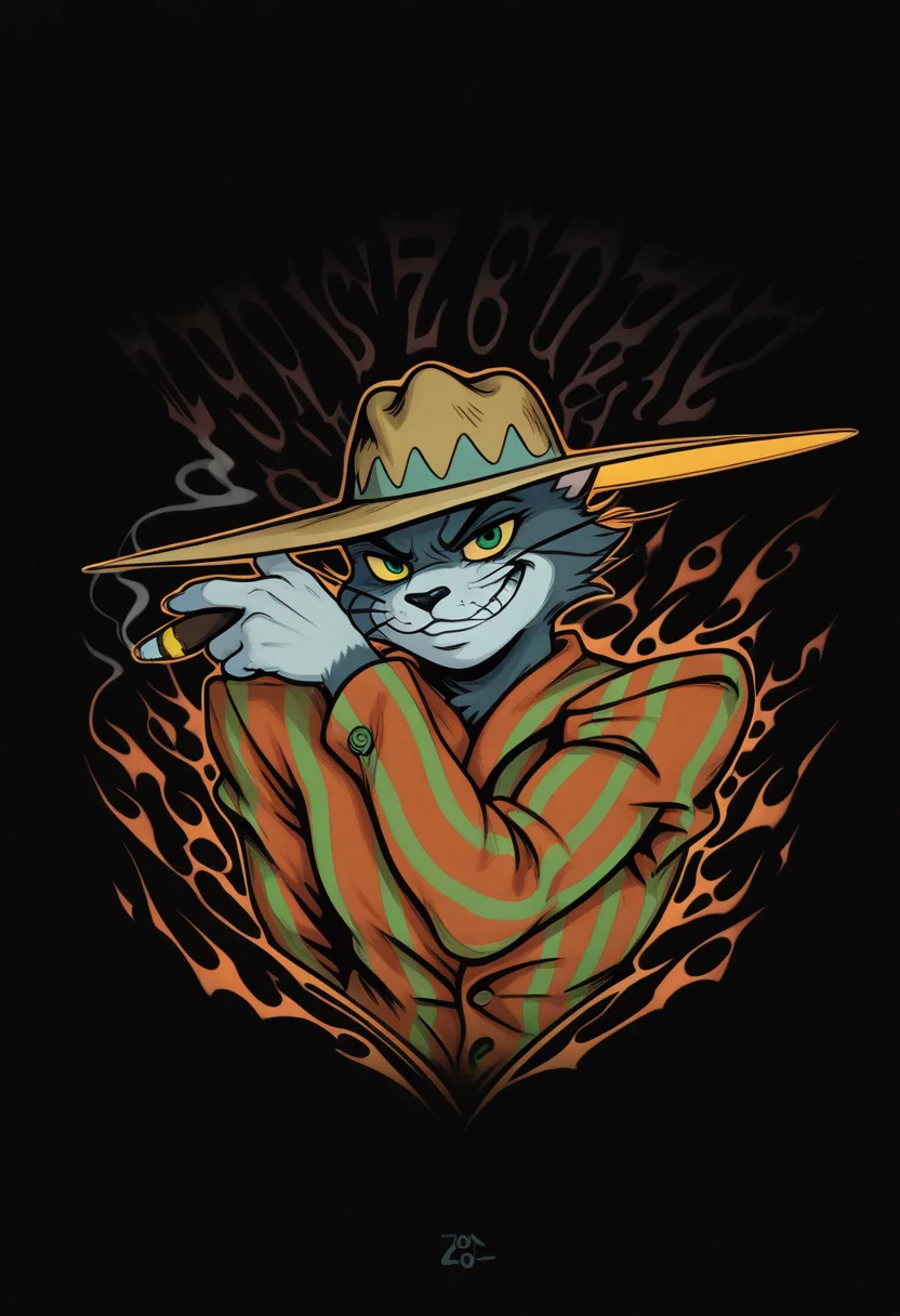masterpiece, best quality, Graphic Design, color art, vibrant colors, colorful, intricate details, high contrast, detailed background, beautiful detailed, beautiful face, detailed eyes, detailed face, new, newest, z00tt0m, 1boy, solo, male focus, furry, cat, yellow sclera, green eyes, grey fur, whiskers, hat, formal, suit, striped jacket, simple background, black background, upper body, dutch angle, dynamic pose, (jojo pose, orange aura, menacing), perspective, dutch angle, looking at viewer, smoking, cigar, grin,
