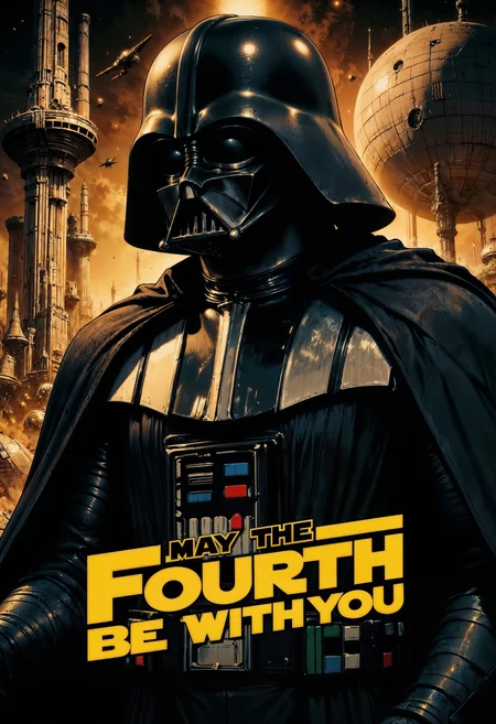 a stylized poster featuring a prominent science fiction theme. The layout is vertical, with a central focus on a character wearing a black, glossy helmet and armor, reminiscent of a Darth Vader. The background includes a large, spherical space station and several spacecraft, all rendered in a sepia tone, giving the image a vintage feel. The text 'MAY THE FOURTH BE WITH YOU' is prominently displayed in bold, yellow, capitalized letters at the bottom, with a slight diagonal alignment. The overall color scheme is dark with contrasting yellow highlights, creating a dramatic and iconic appearance.