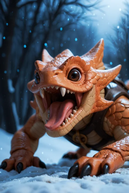 <lora:mortimer_v1:1>
mortimer_v1,
no humans, pokemon \(creature\)
black eyes, claws, fangs, scales,
black eyes, brown eyes,
colored skin, scales,
teeth, tongue, tongue out, sharp teeth, open mouth, claws,, score_9, score_8_up, score_7_up, solo,
blur censor, blurry, blurry background, blurry foreground, bokeh, motion blur,
chromatic aberration, depth of field, figure, focused, focus
winter, snow, snowing, glowing snowflakes, night, dark,, The scene is dynamic and filled with motion,