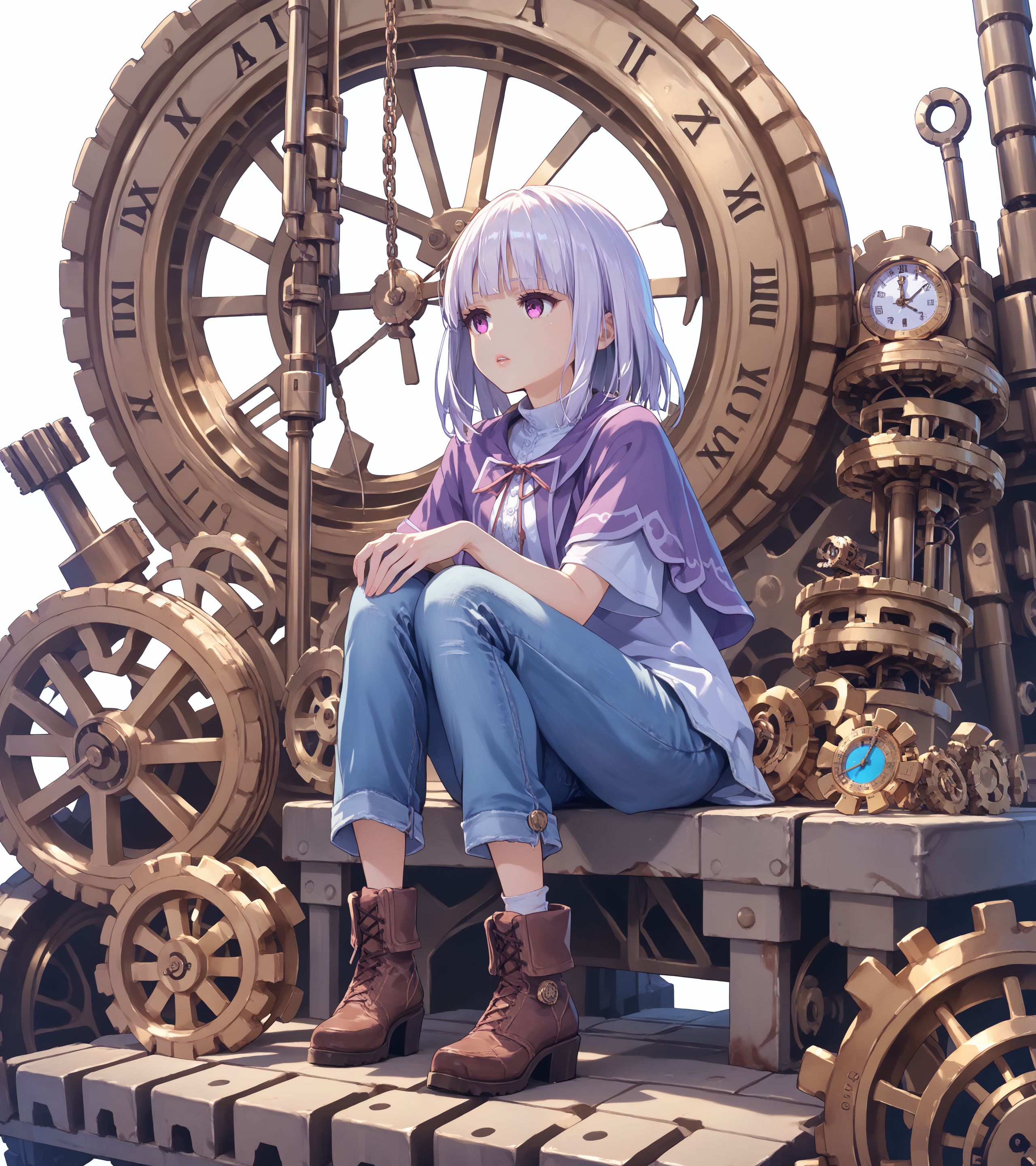 score_max, (score_9, score_8_up, score_7_up:1.2), score_6_up, official art, source_anime,
, masterpiece, absurdres, high detail, 8k,
white background, clock, mechanical parts, gears, key, oversized object,
sitting on gears, knee up, holding own knee, expressionless, parted lips, lips, looking away,
akisa, white hair, purple capelet, white shirt, t-shirt, denim pants, brown footwear,
<lora:XL_Pony_MGCM-akisa-t1:1>