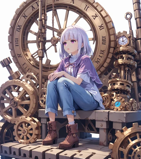 score_max, (score_9, score_8_up, score_7_up:1.2), score_6_up, official art, source_anime,
, masterpiece, absurdres, high detail, 8k,
white background, clock, mechanical parts, gears, key, oversized object,
sitting on gears, knee up, holding own knee, expressionless, parted lips, lips, looking away,
akisa, white hair, purple capelet, white shirt, t-shirt, denim pants, brown footwear,
<lora:XL_Pony_MGCM-akisa-t1:1>
