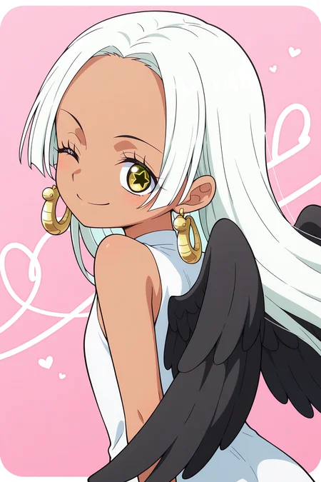 1girl, <lora:S-Snake _ One Piece _ Illustrious _ v2:1>, dark skin, white hair, long hair, yellow eyes, star-shaped pupils, earrings, black wings, 
white dress, sleeveless, 
from behind, looking back, one eye closed, heart, smile,