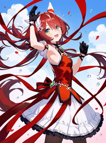 score_9, score_8_up, score_7_up, rating_safe, masterpiece, best quality, absurdres, unity 8k wallpaper, official art, official style, source_anime, 
win variation \(umamusume\), 1girl, black gloves, horse ears, ,brown pantyhose, horse tail, feather hair ornament, two-tone ear covers, sleeveless red dress, black frilled white skirt, detached red sleeves, red hair ribbon, low back red ribbon, backless outfit, looking at viewer,
dancing, floating hair, sweat, open mouth, smile, looking at viewer, sky,sweat,cowboy shot, 
<lora:pony_win_variation_v1.01:0.85>