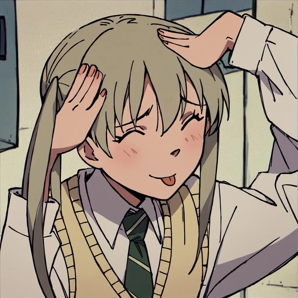 score_9, score_8_up, score_7_up, highly detailed, score_9, score_8_up, score_7_up, highly detailed, 1girl, maka albarn, green eyes, blonde hair, twintails, green necktie, striped necktie, white shirt, long sleeves, red skirt, plaid skirt, beige sweater vest, AhEtoBlehMeme, closed eyes, tongue out, :p, hands on own head, smile