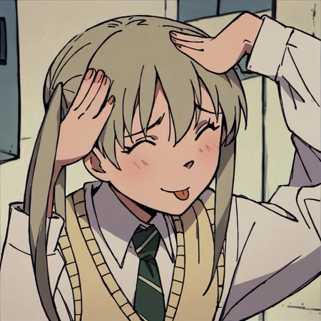 score_9, score_8_up, score_7_up, highly detailed, score_9, score_8_up, score_7_up, highly detailed, 1girl, maka albarn, green eyes, blonde hair, twintails, green necktie, striped necktie, white shirt, long sleeves, red skirt, plaid skirt, beige sweater vest, AhEtoBlehMeme, closed eyes, tongue out, :p, hands on own head, smile