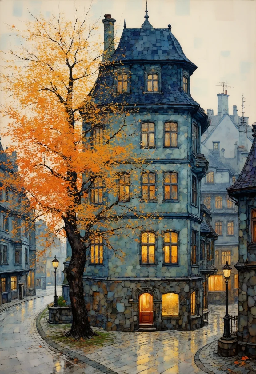 This image is a detailed digital impressionistic painting depicting a serene, autumnal street scene. The focal point is a multi-story, blue-gray stone building with a steep, dark blue roof and several windows illuminated warmly from within, suggesting a cozy interior. The building has an ornate, slightly Gothic architectural style, with decorative stone details and a small, arched entrance at the base, flanked by two stone pillars.
In the foreground, a narrow, cobblestone street curves gently to the left, lined with a few fallen autumn leaves and a vintage-style street lamp. To the left of the street, a large, bare-branched tree with vibrant orange and yellow leaves stands prominently, its branches extending over the street. The tree's trunk and branches are intricately detailed, showcasing the artist's skill in capturing texture.
The background features more buildings with similar architectural styles, some with chimneys and windows, creating a sense of depth and neighborhood. The sky is a soft, muted blue with wisps of clouds, and the overall palette is warm and inviting, with earthy tones and subtle gradients that enhance the autumnal atmosphere. The painting captures a quiet, reflective moment in a charming, historic urban setting.