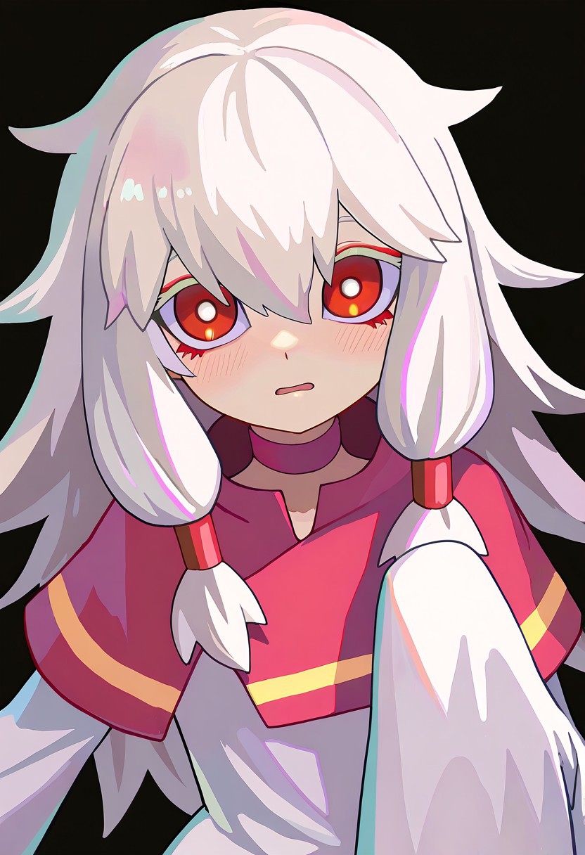 masterpiece,best quality,absurdres, amazing quality, hi res, masterpiece, best quality, detailed, amazing quality, detailed face, detailed eyes, clean eyes, best quality, highres, very aesthetic, newest, ultra-detailed, illustration, (best quality:1.1),ultra-detailed, high resolution, super detailed skin, beautiful detailed eyes, nsfw, Brightly Lit, Highly Visible, 8k, sharp focus, beautiful, perfect lighting, beautiful eyes, anatomically correct, anatomically correct face, extremely detailed eyes, smooth edges, beautiful face, symmetrical eyes, symmetrical face, 
BREAK MNSTRBLL_ST, 1girl, upper body, white hair, albino, makeup, blush, eyeshadow, pink choker, colored eyelashes, hair between eyes, hair over eyes, sidelocks, low tied hair, hair over shoulder, long hair, messy hair, long sleeves, pale skin, red eyes, detailed eyes, white sundress, simple background, black background, sleeves past wrists, sleeves past fingers, white theme, masterpiece, best quality, amazing quality, very awa, absurdres, very aesthetic