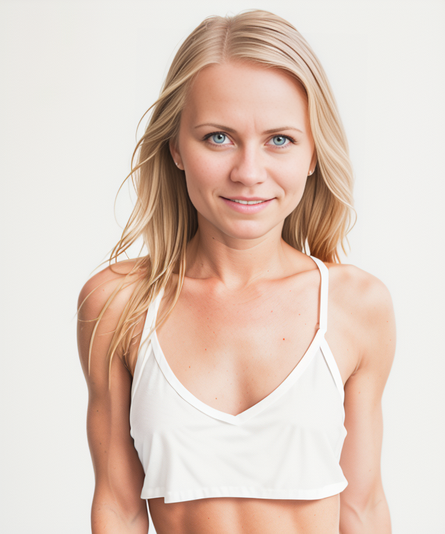 RAW, 85mm, f1.2, award winning glamour photograph of  jp-SvetaF smiling, wearing white cotton panties and white tank-top t-shirt,  white background, detailed eyes