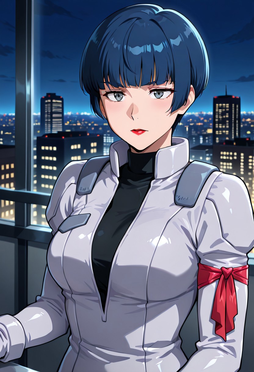 ((masterpiece, absurdres)), best quality, amazing quality, newest, 4k, anime coloring, very aesthetic, ray tracing, Smooth Quality, CG,city view,Miliera,1 female, blue hair, bowl haircut, grey eyes, red lips, pilotsuit, turtleneck t-shirt, arm ribbon,gloves