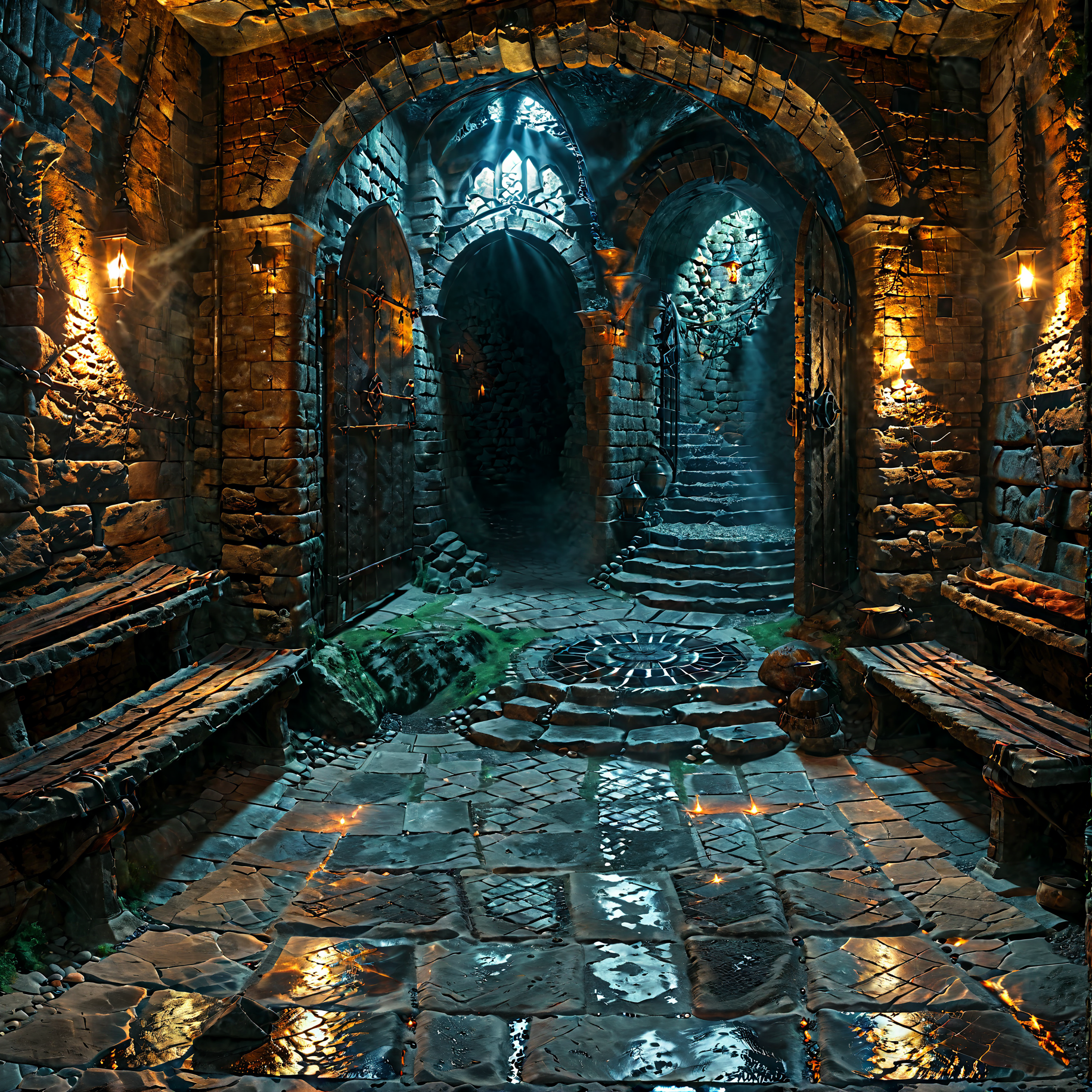 Horror-themed stairs, outdoors, stone floor, no humans, window, cave, fantasy, <lora:The_Deep_Dark_Dungeon-SDXL:0.8>, deepdarkdungeon, best quality, masterpiece, 4k, uncensored, prefect lighting, rating_explicit, very aesthetic, detailed, <lora:add_details_xl:0.6>, very detailed, <lora:SDXLHighDetail_v5:0.6> . Eerie, unsettling, dark, spooky, suspenseful, grim, highly detailed