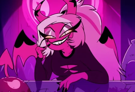 VerosikaMayday. VerosikaApologytour. demon girl. pink skin. horns. female focus. tail. wings. succubus, smile, teeth, nail polish, grin, evil smile, evil eyes, goth make up, sitting on grave, Oudoors, graveyard, looking at you, smoking