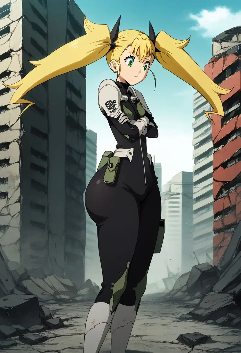 score_9,score_8_up,score_7_up,
BREAK
anime_source,rating_explicit,best quality,masterpiece,aesthetic,highly detailed,perfect anatomy,source_anime,very cute,
solo,
KikoruShinomiya,1girl,blonde hair,twintails,green eyes,
black bodysuit,
shoulder armor,
gauntlets,
boots, standing, legs together, crossed arms
outdoors,
destroyed city,rubble, thick thighs, from side, ((perky ass, big ass, bubble butt:1.2)), tiny waist, wide hips, booty, side view, ((tiny waist, tiny waistline:1.25))