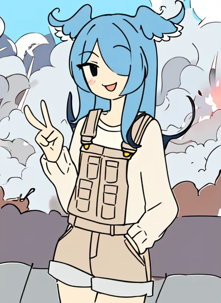 <lora:cartoony:1>
flat color,
<lora:elira_3_last:1>
1girl,
hair wings, blue hair, hair covering one eye, beige overalls, white sweater, shorts, v, happy, peace sign, hand behind back,
city streets, (explosions:1.2), disaster, fire,