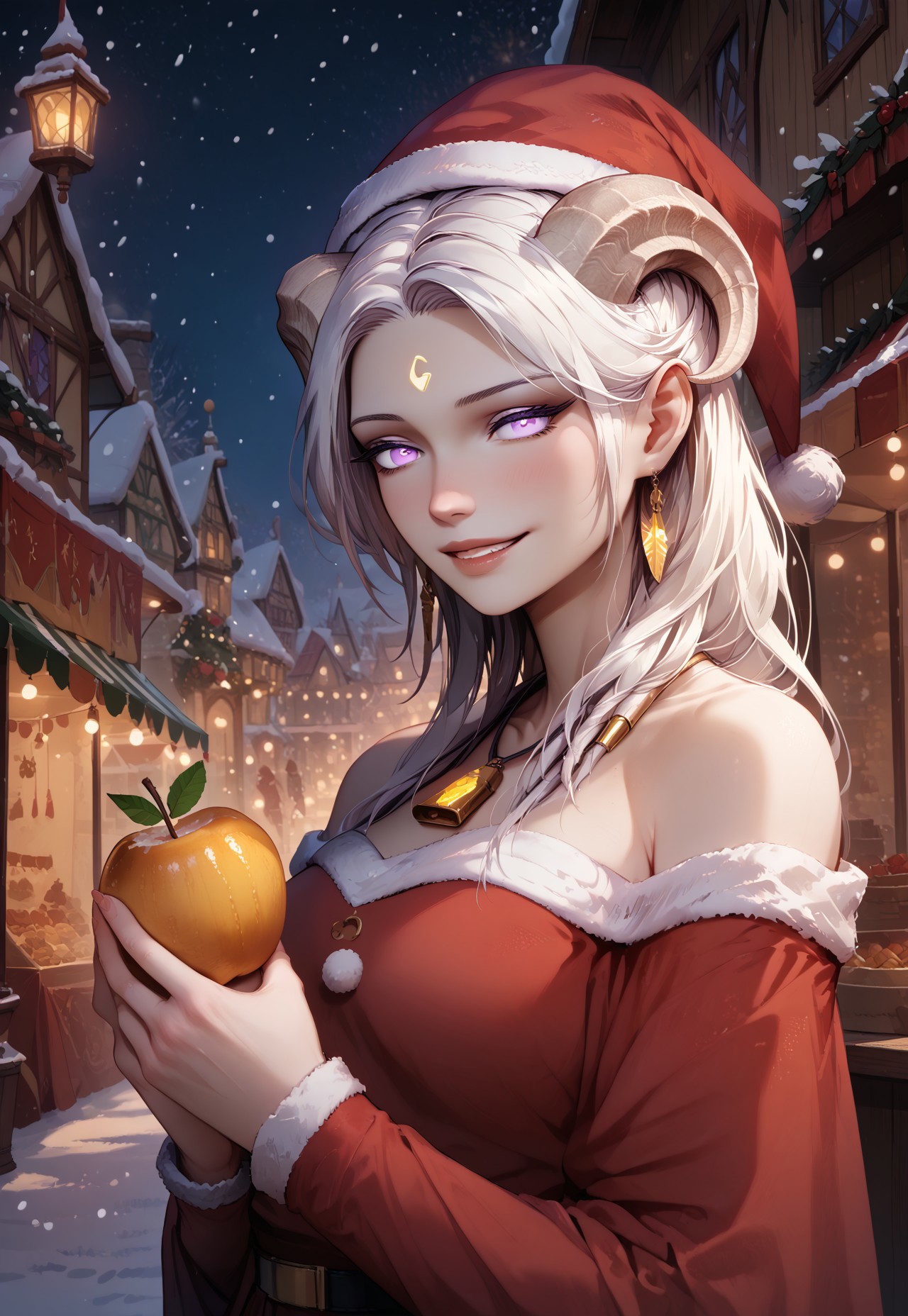 (absurdres, best quality, masterpiece:1.4), score_9, score_8_up, score_7_up, score_6_up, detailed, detailed body, detailed face, 

culDraenei, purple eyes, no sclera, no pupils, long ears,

Santa_Dress, Santa Hat, 

upper body, soft smile, holding an apple, 

outdoors, fantasy market background, market stalls, food, snow, sunshine
