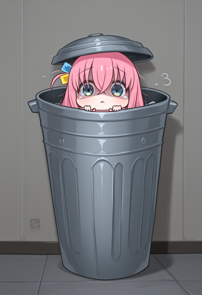 (masterpiece, high quality, amazing detail), highres, 1girl, gotoh hitori,  in trash can, chibi, cute, look at viewer, <lora:In_trash_can:1>