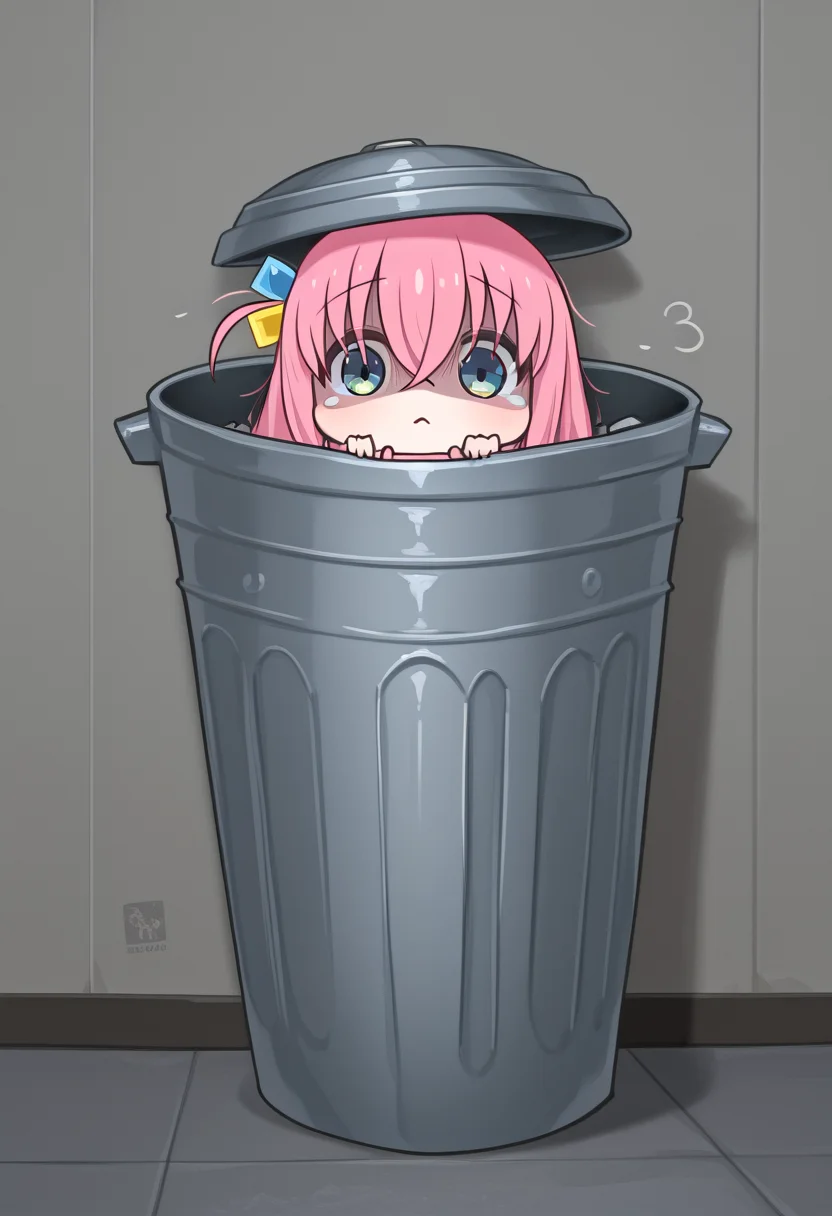 (masterpiece, high quality, amazing detail), highres, 1girl, gotoh hitori, in trash can, chibi, cute, look at viewer, <lora:In_trash_can:1>