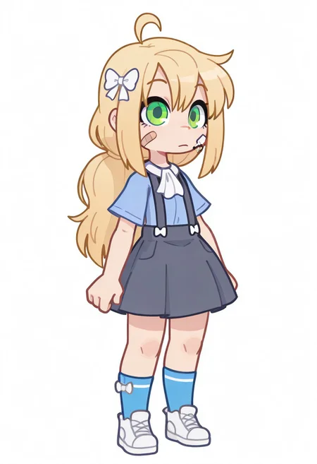 1 girl , solo , KiCCd, KiCCdGacha, girl, blonde hair, long hair, ahoge, green eyes, plaster on the face, blue shirt, white bow on the neck, white bow in the hair, suspenders, grey skirt, blue socks, white shoes,
masterpiece ,best quality ,amazing quality, Flatline, Flat vector illustration, rapscallionstyle ,huffslove ,S4bit4mago_illu ,