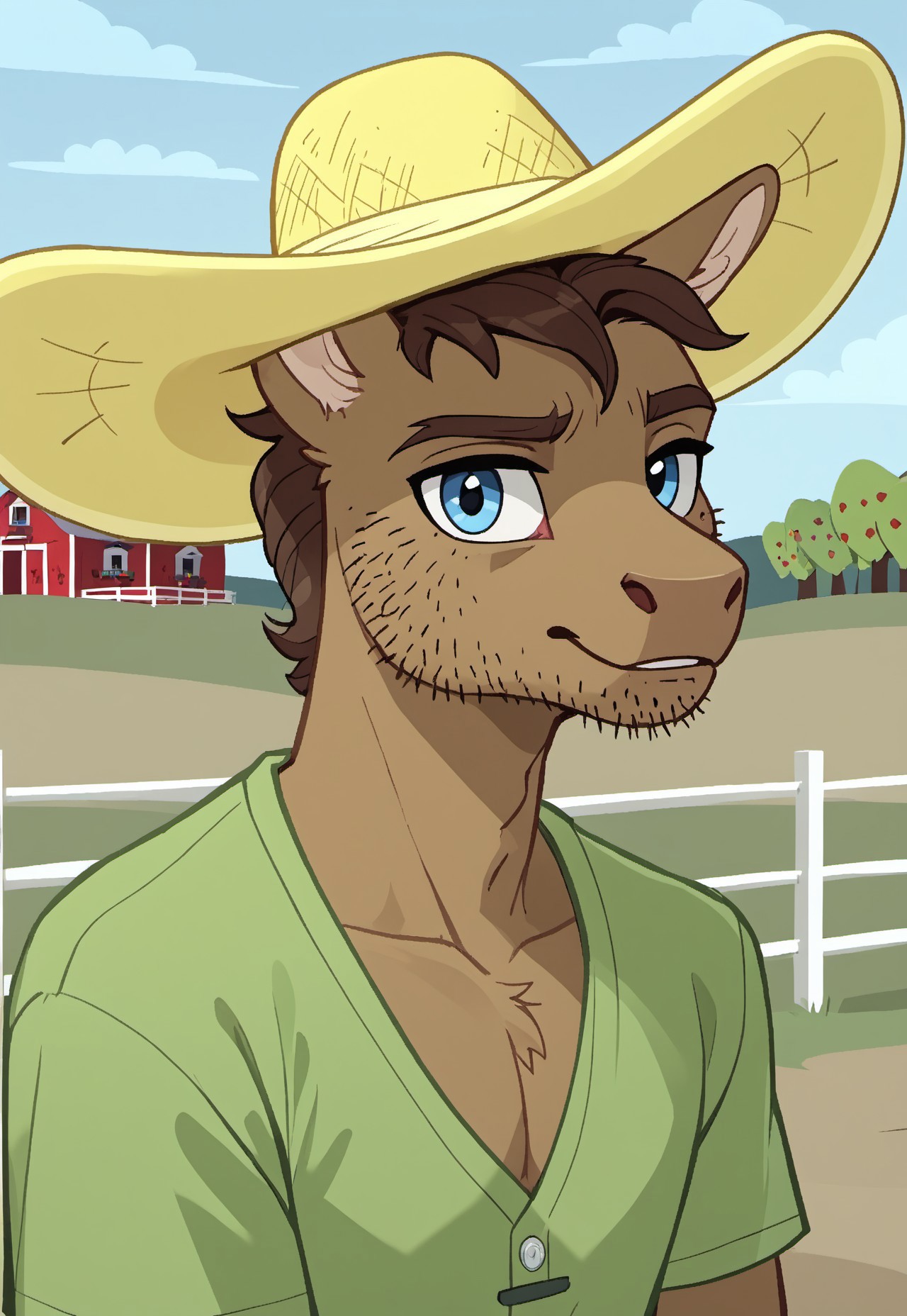 safe_pos, safe_pos, score_9, score_8_up, score_7_up, source_anime, rating_nsfw, ultra hd, absurdres, solo, masterpiece, best quality, best aesthetic, Expressiveh, wolfconf, 1boy

MLPBeuford, yellow hat, stubble, green cloth, brown hair, blue eyes, anthro, looking at viewer, sweet apple acres background, portrait, headshot,
