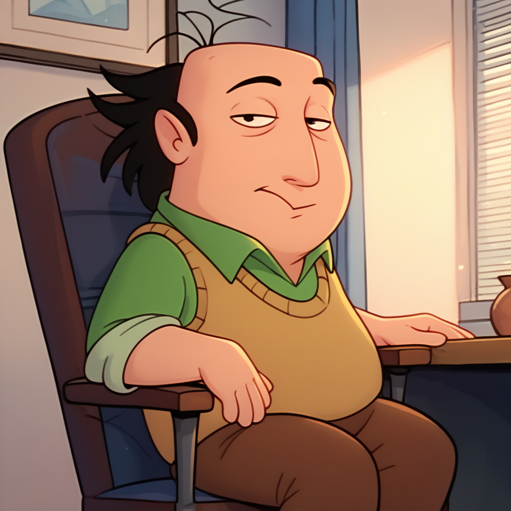 score_9, score_8_up, score_7_up, score_6_up, score_5_up, score_4_up, <lora:jay-v1-15:1> tcjaysher, 1boy, solo, gnome, green shirt, vest, brown pants, sitting, looking at viewer, director's chair, indoors, hands on chair, half-closed eyes,