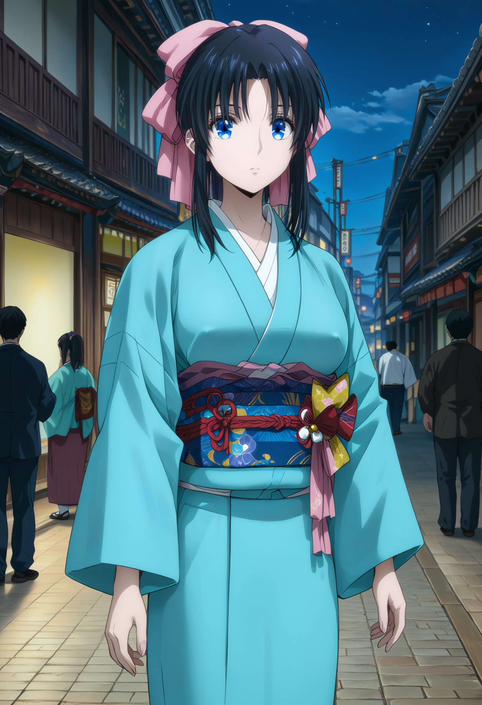 Score_9, score_8_up, score_7_up, masterpiece, best quality, 4k, anime, source_anime, zPDXL3, detailxl, ffacedetailxl, perfection style, perfection, perfect, is pretty, absurdres, hyperdetailed face, hyperdetailed eyes, hyperdetailed hair, hyperdetailed, detailed, pretty face, pretty, shiny,
BREAK <lora:kaoru-kamiya-ponyxl-lora-nochekaiser:1> (kaoru kamiya:1.2), blue eyes, (black hair:1.2), large breasts, japanese clothes, blue kimono, kimono, sash, obi, pink bow, bow, hair bow,<lora:[PONY] curvature slider_last:4>
BREAK
1girl,solo,
(Add layer:1.3), broad vision, magnificent panorama view,overlooking,
(cowboy shot:1.4),,
clear face,(Expressionless:1.2),close mouth,,
(covered nipples:1), (erect nipples under clothing:1),
outdoors, night, busy city street,on ground, (in public, public indecency, watched, crowd:1.2),
<lora:perfection style:1> <lora:[SDXL1.0] is_pretty:3> <lora:pubic hair_pony_V1.0:0.5> <lora:vivid_everclear:0.5> <lora:style07:0.6>