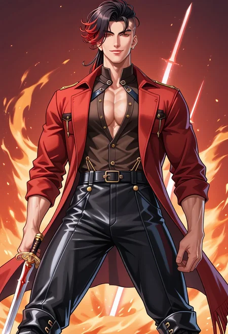 <lora:Castlevania_Style_Pony:0.7> male, seductive smile, wide smile, masculine face, long haircut, multi-colored hair, black hair, long bangs, red bangs, mohawk, open shirt, muscles, black pants, combat boots, ankle boots, sword in hand, red sword, dynamic pose, long leather cardigan, leather clothing, black pants, leather pants, 5 fingers, good anatomy, easynegative, bad-image-v2-39000.