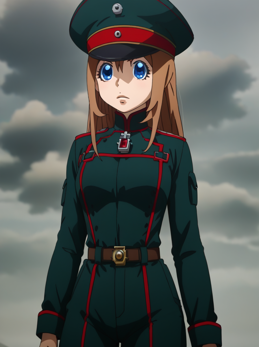 score_9, score_8_up, score_7_up, BREAK source_anime, 
 <lora:youjo_senki_Viktoriya_Serebryakov:0.8>,
visha, , 1girl, solo, whole body,standing,military uniform, blue eyes,brown hair, long hair, peaked cap, military hat,,standing,overalldetail