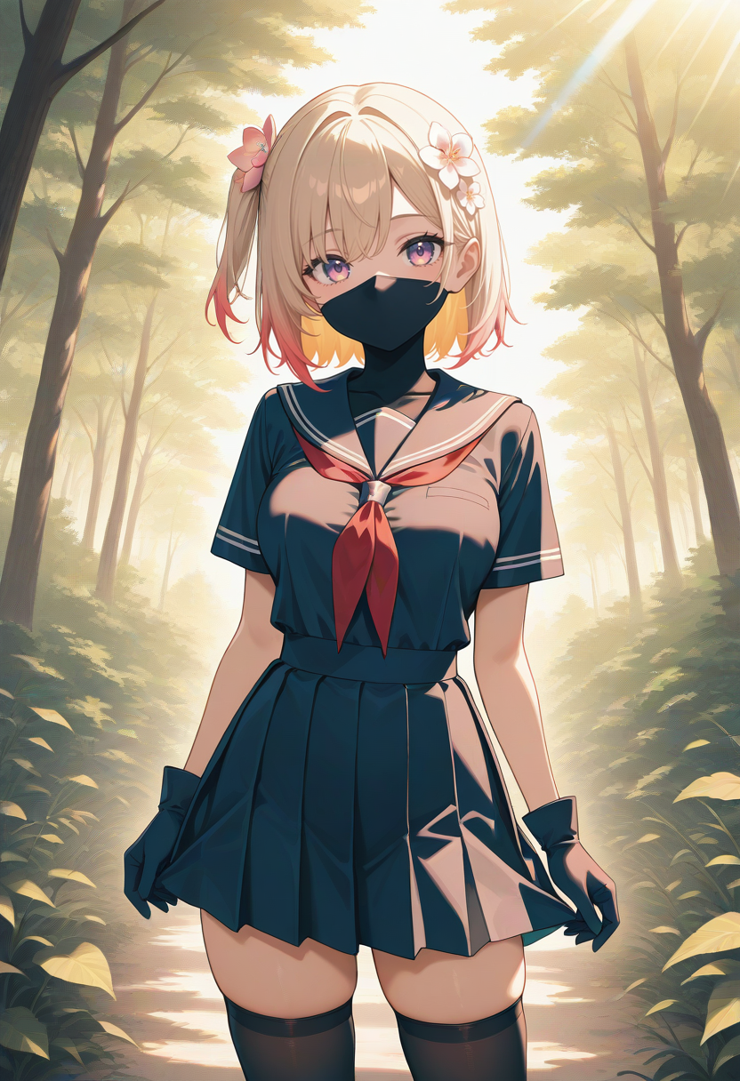 masterpiece,best quality,newest,
1girl, medium breasts, hair flower, ninja mask, serafuku, one side up, thighhighs, gloves, 
solo, outdoors, looking at viewer, cowboy shot, sunlight, colorful, nature,
<lora:ninjamaskillusxl:1>