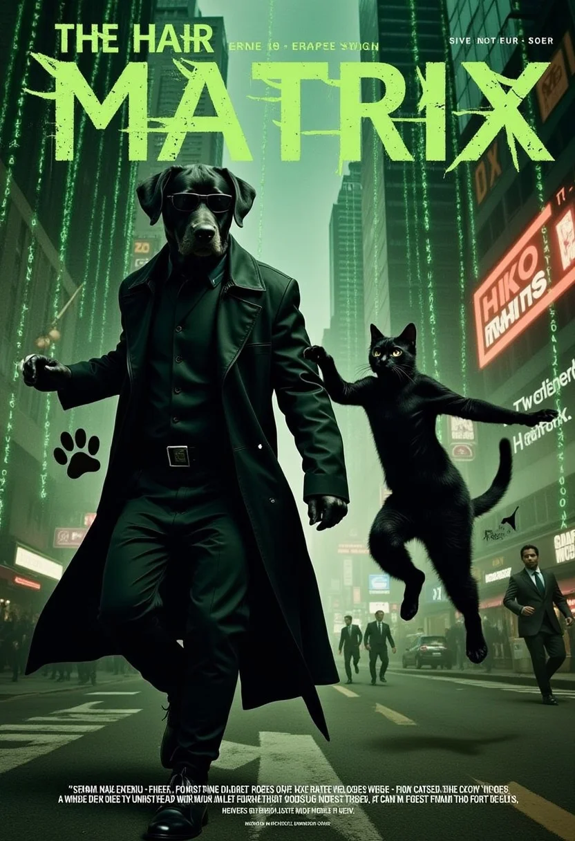 magazine_cover, magazine_style, cover of ‘The Hair Matrix’; a humorous rendition of ‘The Matrix’ with dogs and cats as the main characters; in the center, a cool black Labrador wearing a long black trench coat and sunglasses poses confidently while dodging paw-shaped bullets in slow motion; beside him, a sleek, black Persian cat in a stylish leather outfit performs an acrobatic leap, with one paw extended towards the viewer as if defying gravity; in the background, a futuristic cityscape is filled with glowing green code streaming down like rain; smaller dogs and cats dressed as agents in suits can be seen running around, trying to catch them; the only text is the title ‘The Hair Matrix’ placed boldly at the top in the signature ‘Matrix’ font style, ensuring instant recognition.