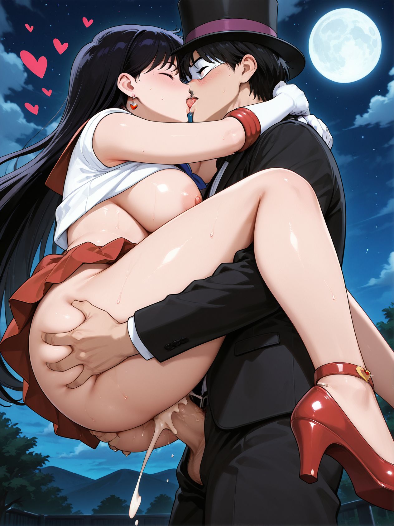 masterpiece,best quality,amazing quality,very aesthetic,absurdres,newest,huge filesize,
<lora:spo_sdxl_10ep_4k-data_lora_webui:0.5>,
<lora:add-detail-xl:1> anime coloring, 
<lora:Standing_Carry_Position:1>yaguradachi,
1girl , (from below:1.4),
breasts,ass grab,
1boy, standing sex,  carrying, 
hetero,asshole,huge ass, 
sex,nipples,
penis,  kiss,  closed eyes, 
closed eyes,dutch angle, upper body, cum, 
heart, 
BREAK
hino rei,   black hair, long hair,  red high heels,  red skirt,
 serafuku, miniskirt,
(eye mask female:-1),
BREAK
chiba mamoru,Tuxedo suit, (white eye mask man:1.2),Top hat, 
black hair male, 
Sailor Moon,official art, 
 sky, outdoors,  night, moon,