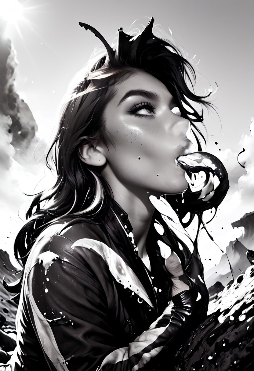 score_9, score_8_up, score_7_up, Realistic, cinematic shot, selective color, monochrome background, grayscale, 4k, Gadget, side view,
(((Girl kisses an alien, hetero, cross species, inter species))), 
Tender kiss,
(1boy, large alien, alien species, strong animal, non-humanoid, slime, chitin, antennae,  tentacles, groping girl),
18yo, blonde, red front highlights, perfect face, stunning, breathtaking face, detailed face, perfect teeth, expressive eyes, extremely cute, medium boobs, round stomach, sexy, partial nudity,
Pear-shaped figure, short female, stocky, perfect round butt, wide hips, narrow waist, strong legs, thick thighs, long legs, short torso, narrow shoulders, 
Work clothes, space mechanic outfit, thick cargo pants, midriff, 
Detailed background, black and white background , alien desert, alien desert flowers, alien fauna, impossible landscape, two moons, outdoors, open space, 
highres, absurdres, in focus, hetero,
easynegative, CyberRealisticPony_POSV1, Stable_Yogis_PDXL_Positives, negative_hand, ALRGFC, alluring face, realistic, Gadget, SelectiveColorStyle, 1colorpop, 2colorpop