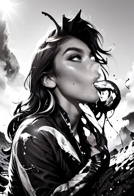 score_9, score_8_up, score_7_up, Realistic, cinematic shot, selective color, monochrome background, grayscale, 4k, Gadget, side view,
(((Girl kisses an alien, hetero, cross species, inter species))), 
Tender kiss,
(1boy, large alien, alien species, strong animal, non-humanoid, slime, chitin, antennae,  tentacles, groping girl),
18yo, blonde, red front highlights, perfect face, stunning, breathtaking face, detailed face, perfect teeth, expressive eyes, extremely cute, medium boobs, round stomach, sexy, partial nudity,
Pear-shaped figure, short female, stocky, perfect round butt, wide hips, narrow waist, strong legs, thick thighs, long legs, short torso, narrow shoulders, 
Work clothes, space mechanic outfit, thick cargo pants, midriff, 
Detailed background, black and white background , alien desert, alien desert flowers, alien fauna, impossible landscape, two moons, outdoors, open space, 
highres, absurdres, in focus, hetero,
easynegative, CyberRealisticPony_POSV1, Stable_Yogis_PDXL_Positives, negative_hand, ALRGFC, alluring face, realistic, Gadget, SelectiveColorStyle, 1colorpop, 2colorpop
