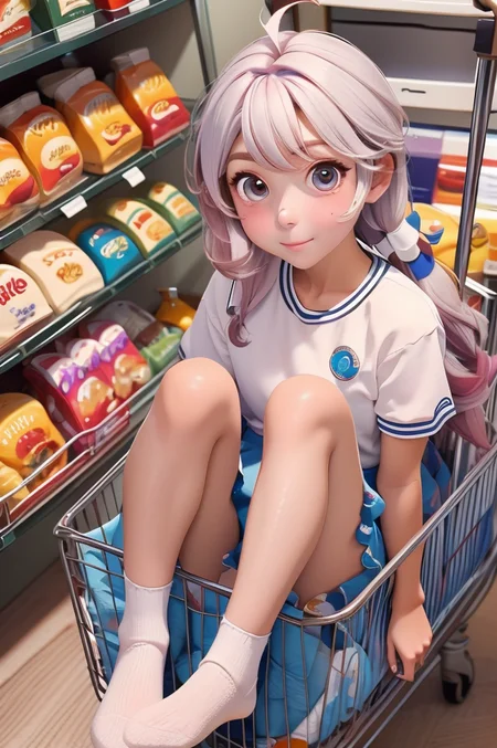1girl, sttngshppngcrt, looking at viewer, ahoge, indoors, alternate costume, white socks <lora:sitting_shopping_cart_00_02:1.0>