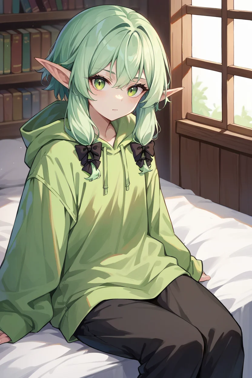 score_9, score_8_up, score_7_up, score_6_up, source_anime, 1girl, <lora:gself-pdxl-nvwls-v1-000005:1> gself, pointy ears, green hair, sidelocks, black bow, green hoodie, loose clothes, black pants, sitting, bed, bedroom, sleeves past wrists, looking at you, bookshelf