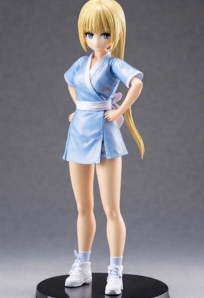 masterpiece,fullbody, realistic lighting, realism best quality, sensual face, fighting stance, blue eyes,<lora:Ayane_Amamiya:.7>,blonde hair,clear quality, toy, doll, figuring on stand