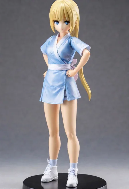 masterpiece,fullbody, realistic lighting, realism best quality, sensual face, fighting stance, blue eyes,<lora:Ayane_Amamiya:.7>,blonde hair,clear quality, toy, doll, figuring on stand