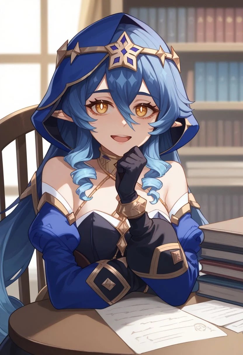 score_9, score_8_up, score_7_up, source_anime, 1girl, layladef, blue hair, yellow eyes, drill hair, hair between eyes, drill sidelocks, twin drills, pointy ears, blue hood, jewelry, neck ring, bare shoulders, detached sleeves, juliet sleeves, puffy long sleeves, claw ring, black gloves, white pantyhose, bags under eyes, thighlet, sitting, on chair, table, elbow rest, smile, open mouth, looking at viewer, indoors, library, portrait, close-up, upper body, facing viewer, <lora:Layla_v1-000010:1>